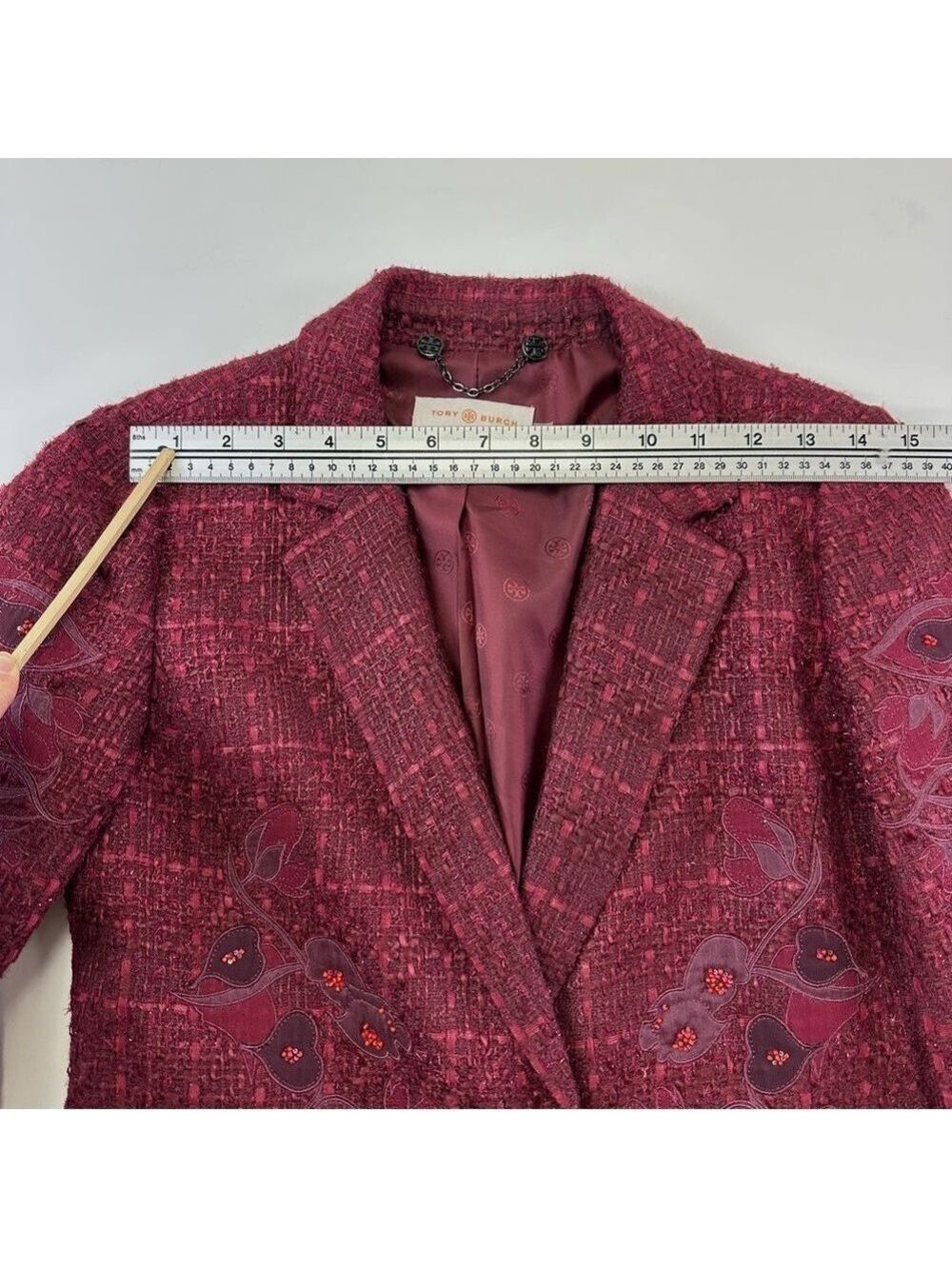 Tory Burch Patsy Glazed Tweed dark plum long line coat Size 2 appliqué embellish - Picture 14 of 14